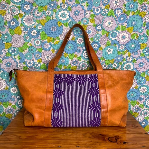 Guatemalan Leather/Textile Zip Top Overnight Duffle Bag - Picture 3 of 16